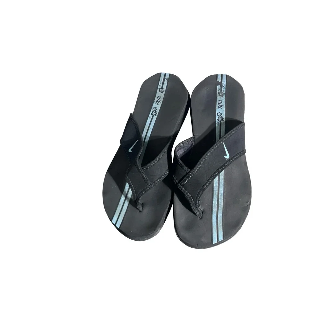 Nike Womens Flip Flops Black Light Blue Floral Stripe Sandals 310896-041 Size 7 - Picture 9 of 12